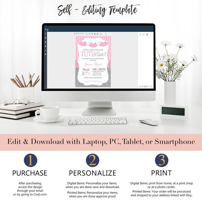 May include: A computer screen displaying a pink and gray printable invitation template for a baby shower. The text on the invitation reads "Little Girls Are Just Tutu Cute!" and includes the date, time, and location of the event. The image also includes instructions on how to purchase, personalize, and print the invitation.