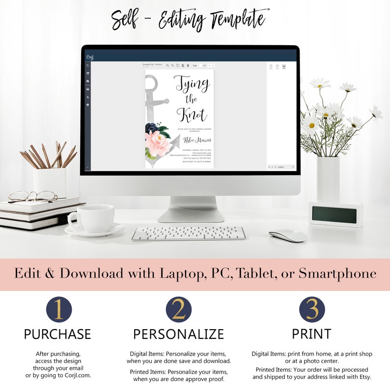 Nautical Bridal Shower Invitation | Floral Anchor Bridal Invitation | Tying the Knot | Navy and Blush | Printed or Digital image 5