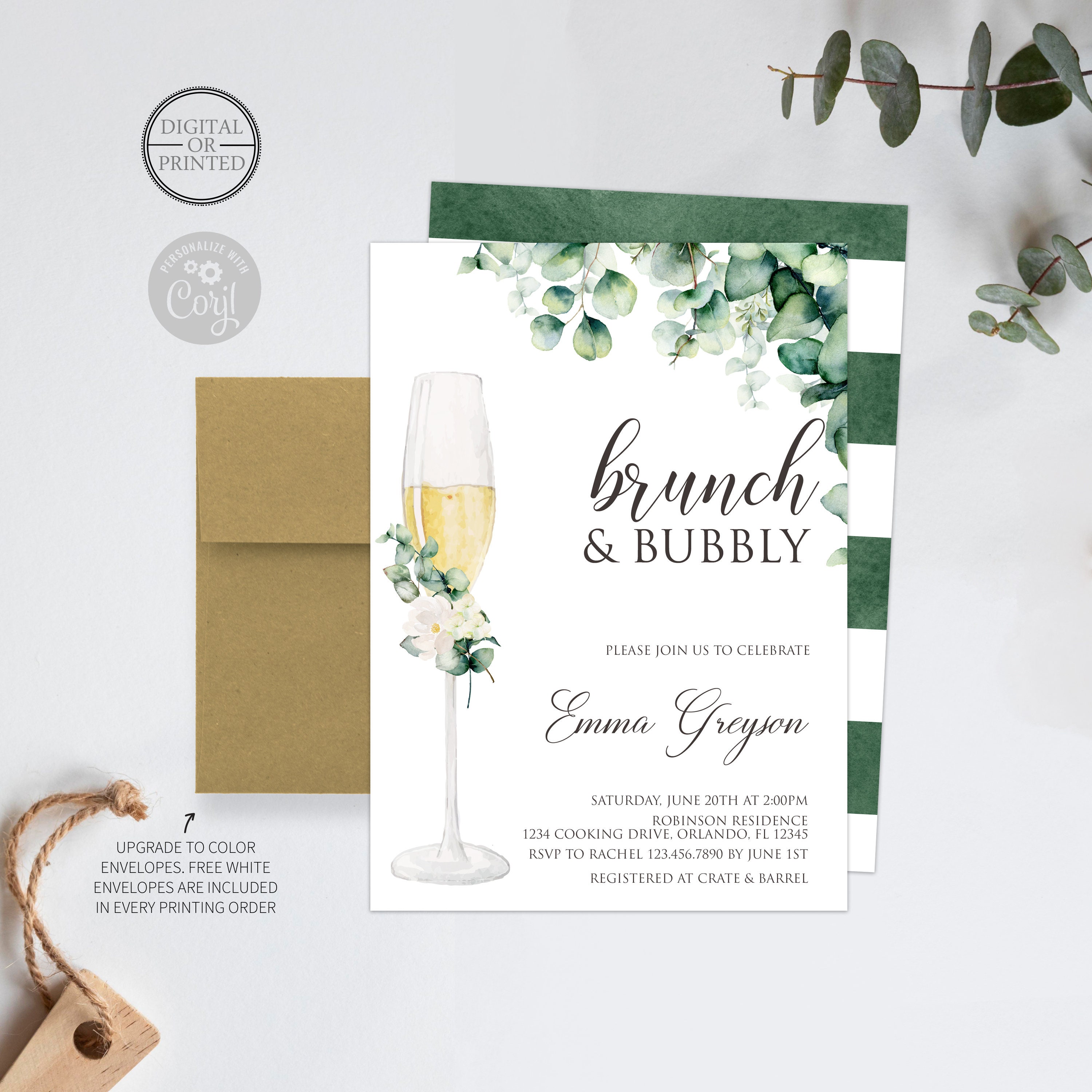 Brunch Bubbly Bridal Shower Invitation Greenery Wedding Shower Invitation Champagne Brunch Printed or Digital