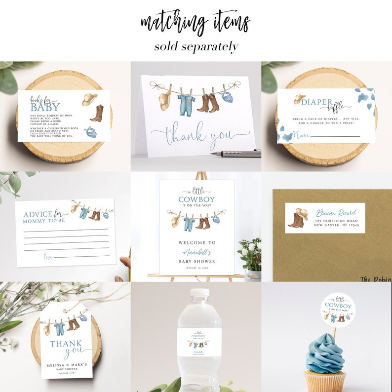 May include: A set of printable baby shower decorations with a cowboy theme. The decorations include a welcome sign, thank you cards, advice for mommy-to-be cards, diaper raffle tickets, water bottle labels, cupcake toppers, and address labels. The decorations feature a blue and brown color scheme with illustrations of cowboy boots, hats, and overalls.