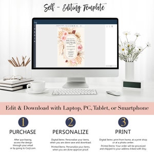 May include: A computer screen displaying a self-editing template for a bridal shower invitation. The invitation features a watercolor design with pampas grass, blush pink roses, and gold accents. The text on the invitation reads "Bridal Shower" and "Allison Bari". The steps to personalize and print the invitation are listed below the image.