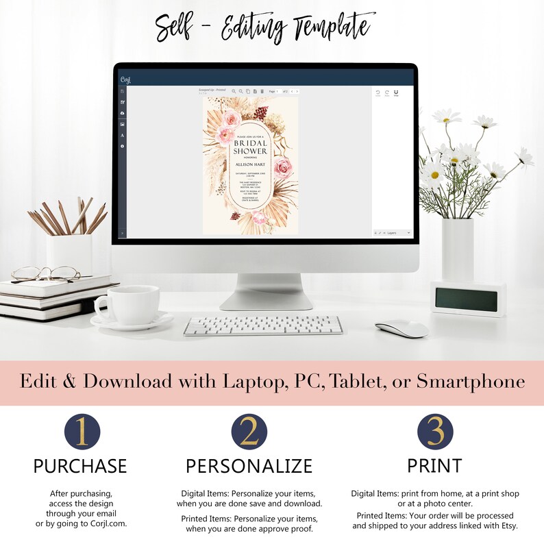 May include: A computer screen displaying a self-editing template for a bridal shower invitation. The invitation features a watercolor design with pampas grass, blush pink roses, and gold accents. The text on the invitation reads "Bridal Shower" and "Allison Bari". The steps to personalize and print the invitation are listed below the image.