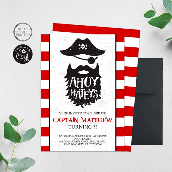 Pirate Invitation | Pirate Birthday Invitation | Pirate Party | Pirate Invite | Treasure Map | Boy Birthday | Ahoy Matey | Pirate Face Il_570xn