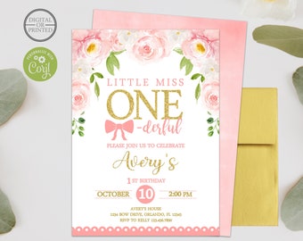 Little Miss Onederful Birthday Invitation | Floral First Birthday Invitation | Pink and Gold Birthday Invitation | Printed or Digital