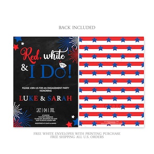 Puede incluir: Invitaci&oacute;n a una fiesta de compromiso con un fondo de pizarra y estrellas rojas, blancas y azules. La invitaci&oacute;n presenta un anillo de diamantes y fuegos artificiales. El texto de la invitaci&oacute;n dice "Red, white, and I do!" y "Por favor, &uacute;nase a nosotros para una fiesta de compromiso en honor a Luke & Sarah."