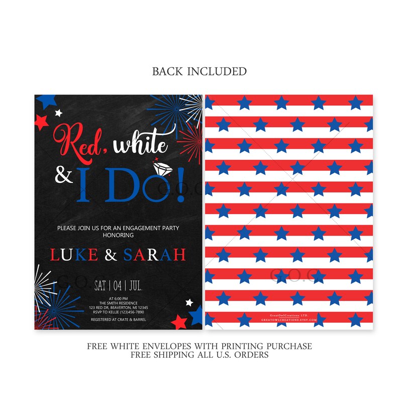 Puede incluir: Invitaci&oacute;n a una fiesta de compromiso con un fondo de pizarra y estrellas rojas, blancas y azules. La invitaci&oacute;n presenta un anillo de diamantes y fuegos artificiales. El texto de la invitaci&oacute;n dice "Red, white, and I do!" y "Por favor, &uacute;nase a nosotros para una fiesta de compromiso en honor a Luke & Sarah."