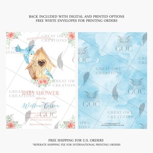Invitación para baby shower con temática de pájaros / Diseño floral en acuarela (digital o impreso) imagen 2