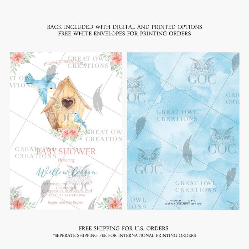 Invitación para baby shower con temática de pájaros / Diseño floral en acuarela (digital o impreso) imagen 2
