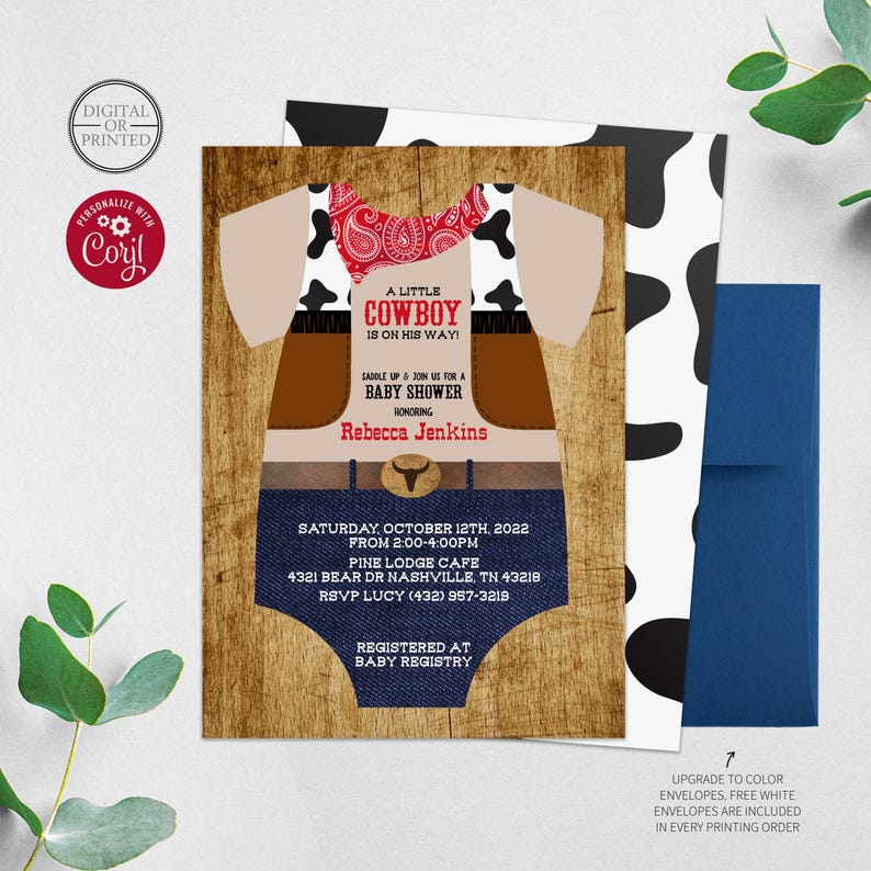 Cowboy Baby Shower Invitation | A Little Cowboy is on the Way Invite | Western Baby Shower Invite | Digital or Printed image 1