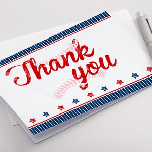 May include: A white thank you card with a red and white baseball graphic and blue and red stars. The text "Thank you" is written in red.