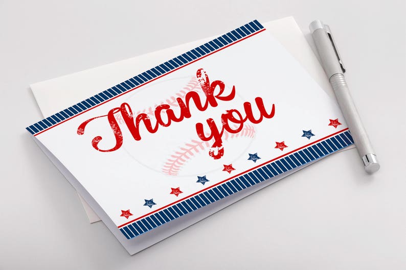May include: A white thank you card with a red and white baseball graphic and blue and red stars. The text "Thank you" is written in red.