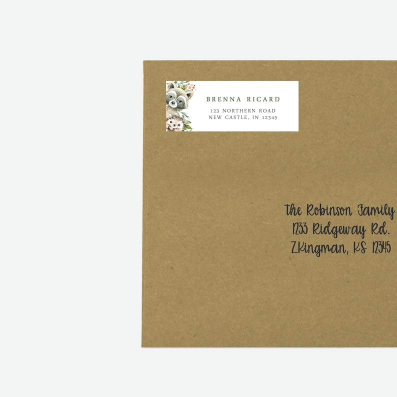 May include: A brown paper envelope with two address labels. The top label features a watercolor illustration of a raccoon and a hedgehog with green leaves and pink flowers. The text on the label reads "BRENNA RICARD 123 NORTHERN ROAD NEW CASTLE, IN 12345". The bottom label has the text "The Robinson Family 1233 Ridgeway Rd. Zkingman, KS 12345".