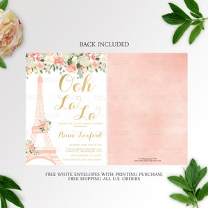 May include: A pink and white bridal shower invitation with a gold Eiffel Tower and floral design. The text reads "Ooh La La" and "Please join us for a bridal shower honoring Renee Luxford".