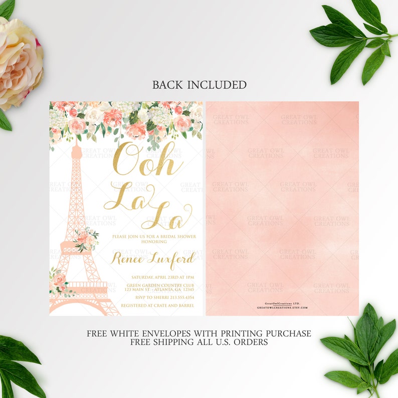 May include: A pink and white bridal shower invitation with a gold Eiffel Tower and floral design. The text reads "Ooh La La" and "Please join us for a bridal shower honoring Renee Luxford".