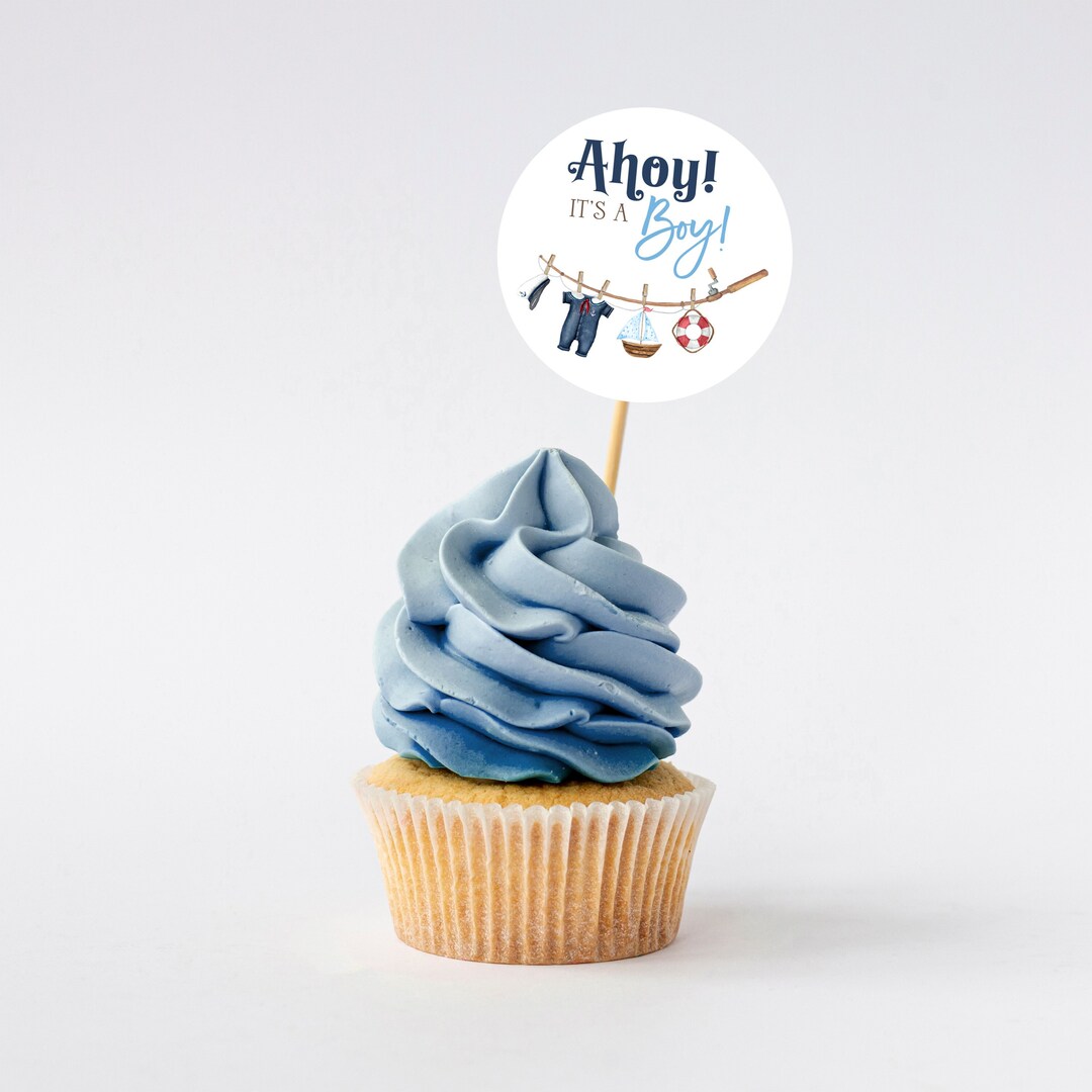 Ahoy Baby Shower Cupcake Toppers, Nautical Sailor Party Decor, Printed or Instant Digital, BA