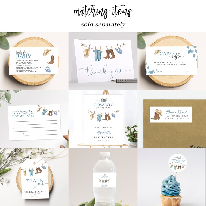 May include: A set of printable baby shower decorations with a cowboy theme. The decorations include a welcome sign, thank you cards, advice for mummy-to-be cards, diaper raffle tickets, water bottle labels, cupcake toppers, and a favour tag. The decorations feature a blue and brown colour scheme with illustrations of cowboy boots, hats, and a baby's outfit.