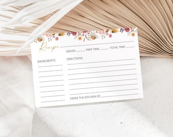 Boho Wildflower Recipe Cards, 2-Sided Recipe Cards, Editable Instant Digital or Printed, BR121524
