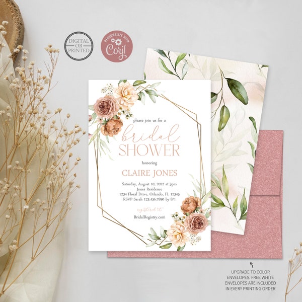 Bridal Shower Invite Template | Dusky Pink Floral Bridal Invitation | Printed or Digital