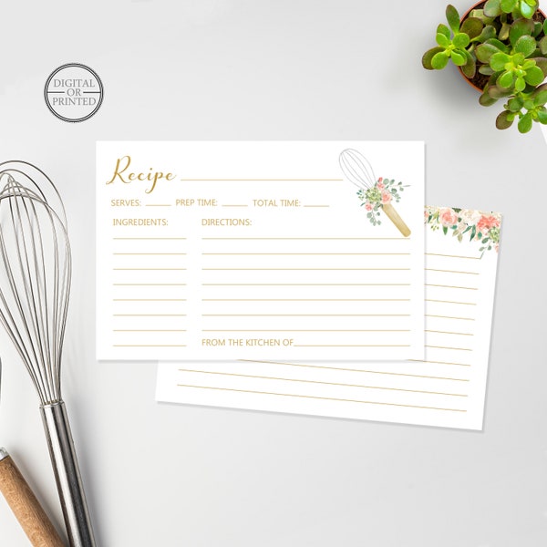 Floral Whisk Recipe Cards | 2- Sided Recipe Cards | Bridal Shower Floral Whisk Recipe Cards | Digital or Printed
