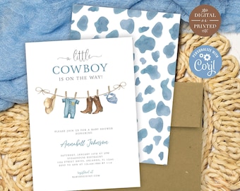 May include: A baby shower invitation card featuring the text A LITTLE COWBOY IS ON THE WAY! with watercolor illustrations of a hat, a blue onesie, brown boots, and a bandana hanging on a clothesline, plus event details for Annabell Johnson.