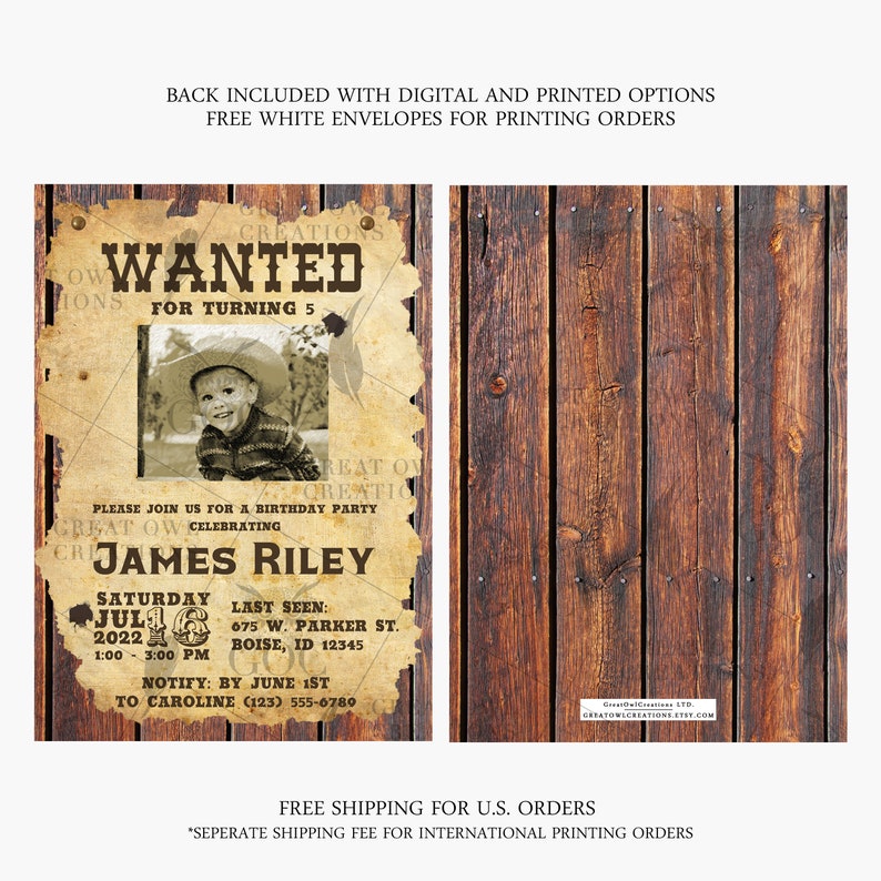 May include: A vintage-style wanted poster with a photo of a young boy wearing a cowboy hat. The poster says "WANTED for turning 5" and includes the boy's name, James Riley, and details for a birthday party. The poster is set against a rustic wooden background.