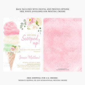 Puede incluir: Una invitaci&oacute;n a una despedida de soltera con un dise&ntilde;o de cono de helado en acuarela, con bolas rosas, blancas y verdes. El texto "She's Been Scooped Up!" est&aacute; en escritura rosa. La invitaci&oacute;n incluye los detalles del evento, con un fondo rosa en acuarela en el reverso.