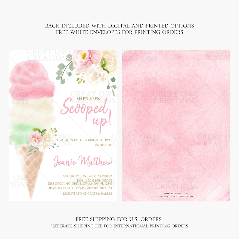 Puede incluir: Una invitaci&oacute;n a una despedida de soltera con un dise&ntilde;o de cono de helado en acuarela, con bolas rosas, blancas y verdes. El texto "She's Been Scooped Up!" est&aacute; en escritura rosa. La invitaci&oacute;n incluye los detalles del evento, con un fondo rosa en acuarela en el reverso.