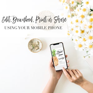 May include: A smartphone displaying a digital invitation for a bridal shower with a pineapple illustration. The text on the invitation reads "Bridal Shower" and "Rachel West".