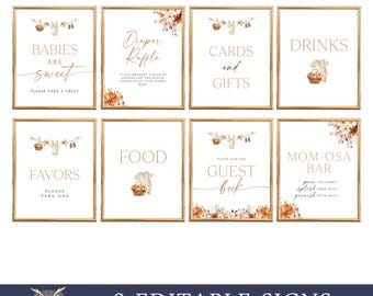 Könnte beinhalten: Acht gerahmte Schilder mit goldenen Rändern, die Text und Aquarellillustrationen für eine Babyparty zeigen. Die Schilder enthalten Sätze wie "Babies are Sweet", "Diaper Raffle" und "Mom-osa Bar". Die Schilder sind mit floralen und Baby-Grafiken verziert.