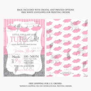 May include: Pink and gray baby shower invitation with a tutu and the text "Little girls are just tutu cute!"  Please join us for a baby shower honoring Jenna Reese.  The invitation includes the date, time, and location of the event.  RSVP to Alex at 123-555-6789.  Registered at Baby Registry.