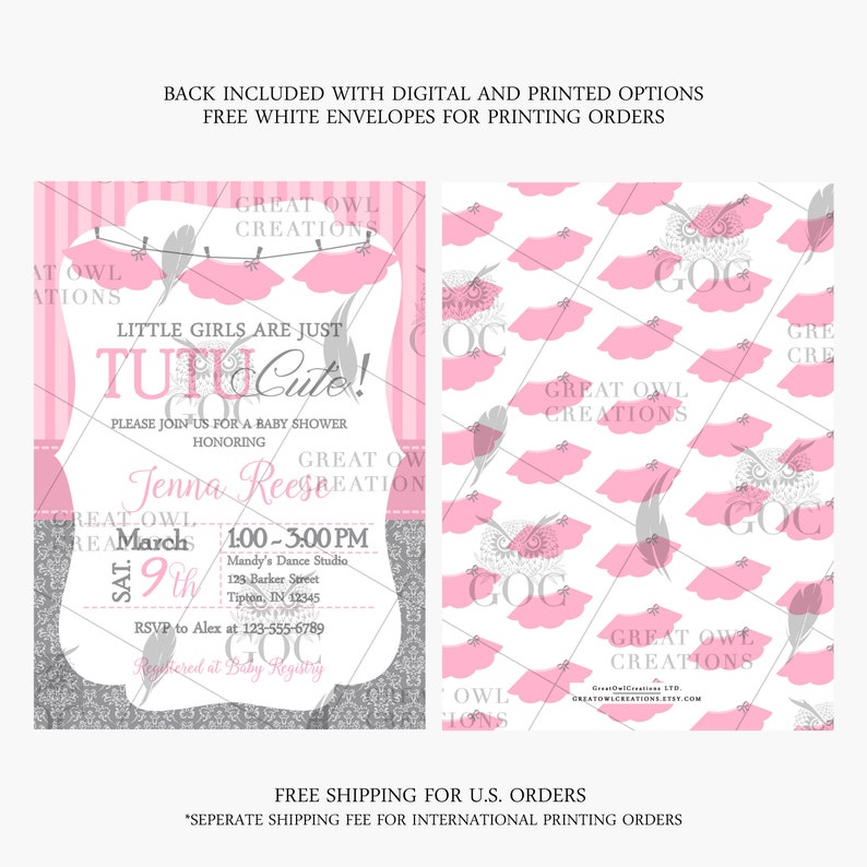 May include: Pink and gray baby shower invitation with a tutu and the text "Little girls are just tutu cute!"  Please join us for a baby shower honoring Jenna Reese.  The invitation includes the date, time, and location of the event.  RSVP to Alex at 123-555-6789.  Registered at Baby Registry.