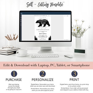May include: A computer screen displaying a baby shower invitation template with a black bear silhouette and the text "Adventure Awaits". The invitation is for a baby shower for Rachel Brown. The text "Self-Editing Template" is displayed above the computer screen. Below the screen, there are three steps for purchasing, personalizing, and printing the invitation.