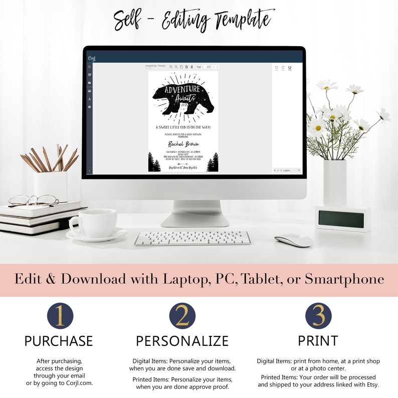 May include: A computer screen displaying a baby shower invitation template with a black bear silhouette and the text "Adventure Awaits". The invitation is for a baby shower for Rachel Brown. The text "Self-Editing Template" is displayed above the computer screen. Below the screen, there are three steps for purchasing, personalizing, and printing the invitation.