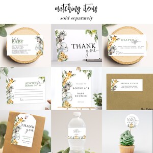 May include: A set of printable baby shower decorations featuring a jungle animal theme. The set includes a welcome sign, thank you cards, advice for mommy-to-be cards, a diaper raffle card, a water bottle label, a cupcake topper, and a gift tag. The decorations feature a giraffe, elephant, lion, and zebra with a watercolor style.