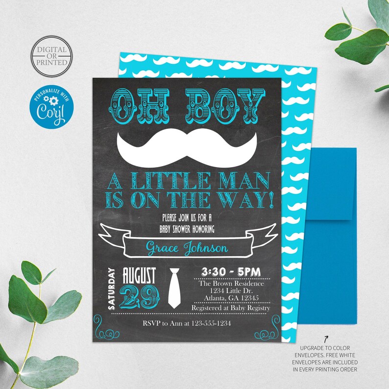 Invitación para baby shower "Pequeño Hombre" / Invitaciones para baby shower con bigote / Invitación para baby shower "Oh Boy" / Pequeño Hombre / Pizarra / Cualquier color imagen 1