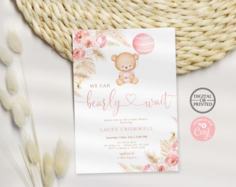 Boho Bear Baby Shower Invitation | Pink Pampas Teddy Bear Girl Baby Shower Invite | Digital or Printed Instant Editable Template