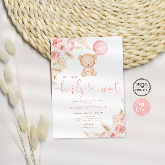 Boho Bear Baby Shower Invitation Pink Pampas Teddy Bear Girl Baby