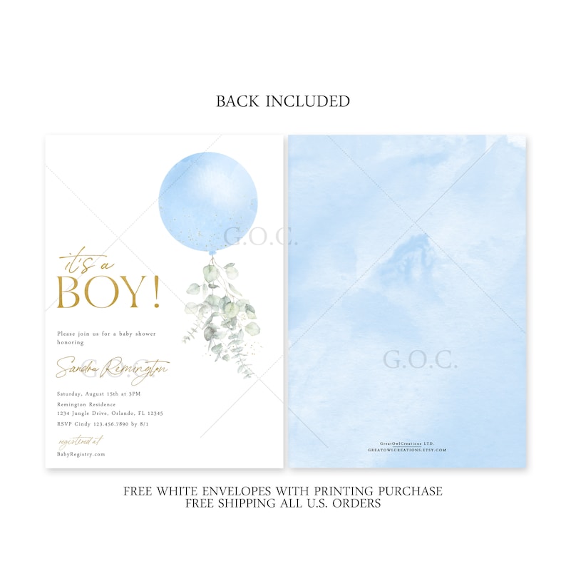 Pu&ograve; includere: &Egrave; un maschio! Invito a una baby shower con un palloncino blu e verde di eucalipto. L'invito &egrave; stampato su cartoncino bianco con lettere dorate. Il retro dell'invito &egrave; uno sfondo acquerellato blu chiaro.