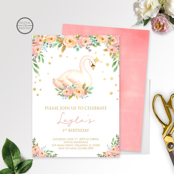 Swan Birthday Invitation - Watercolor Floral Il_570xn