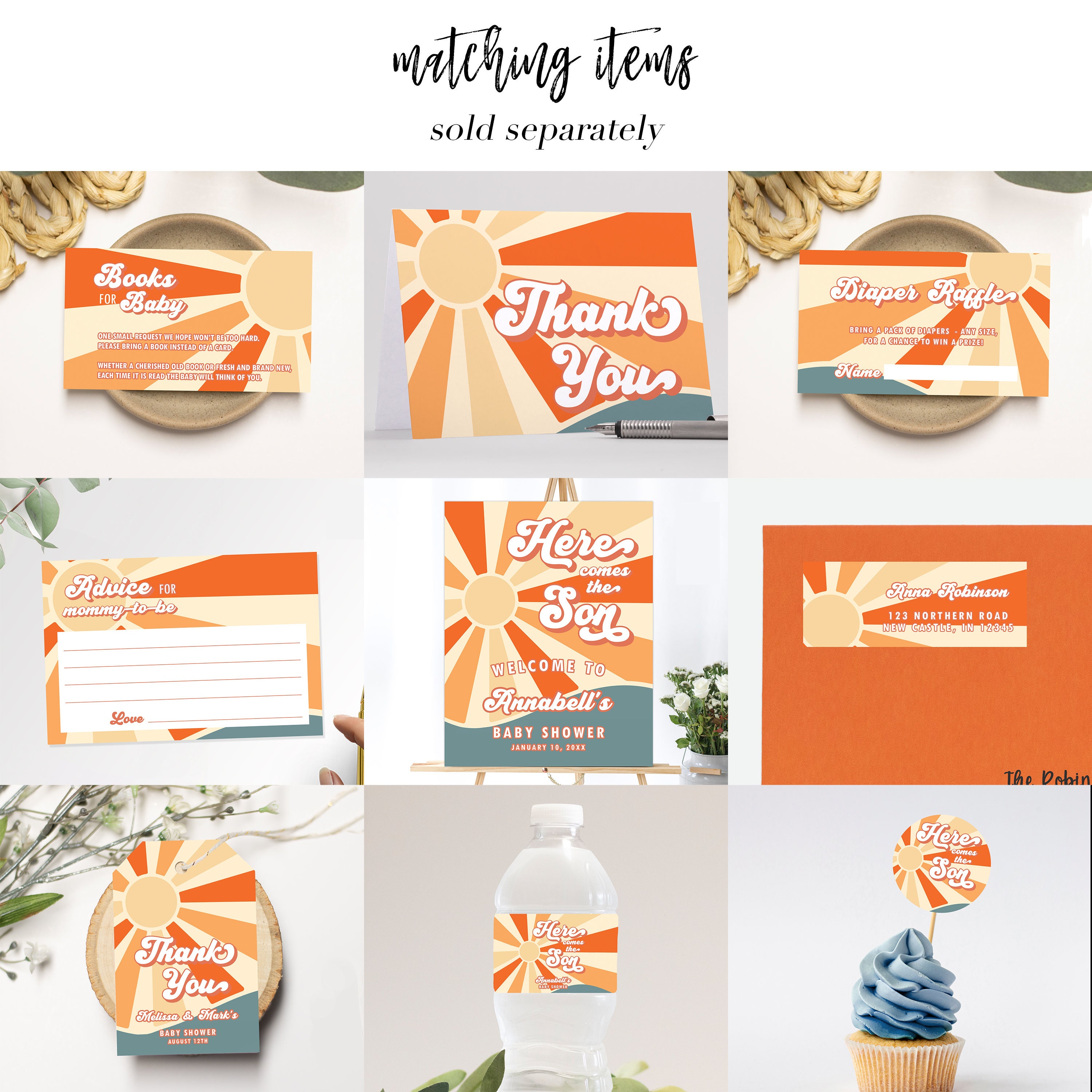Libri Sun per cartelli e cartellini per bambini, gioco Here Comes The Son Baby Shower, tema Sun Baby Shower MS1265 - Italia