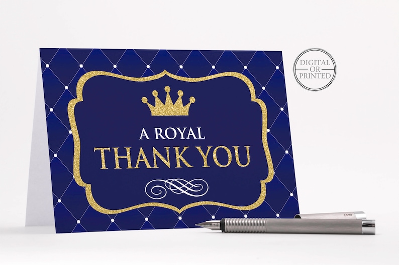 May include: A royal blue thank you card with a gold glitter crown and the text "A Royal Thank You".