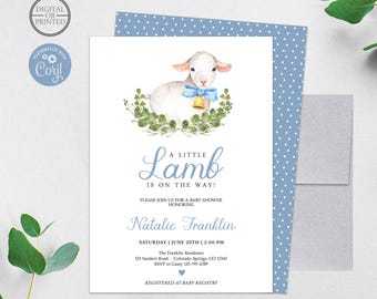 May include: A white baby shower invitation card featuring a watercolor illustration of a lamb with a blue bow and gold bell, surrounded by green leaves. The text reads A LITTLE LAMB IS ON THE WAY! PLEASE JOIN US FOR A BABY SHOWER HONORING Natalie Franklin SATURDAY | JUNE 20TH | 2:00 PM The Franklin Residence 123 Sanders Road - Colorado Springs, CO 12345 RSVP to Casey 123-955-6789 REGISTERED AT BABY REGISTRY.