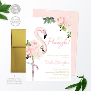May include: Pink flamingo bridal shower invitation with watercolour flowers and the text "Let's Flamingle!"  Please join us for a bridal shower honouring Kendra Harrington. Saturday, July 27th at 2 PM. The Pink Feather Cafe. 234 Happen Rd. New London, IN 12345. RSVP to Liz at 123-555-1234 by June 22nd. Registered at Target & Amazon.