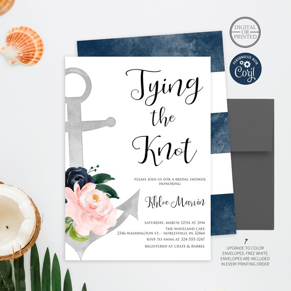 Nautical Bridal Shower Invitation | Floral Anchor Bridal Invitation | Tying the Knot | Navy and Blush | Printed or Digital Il_570xn