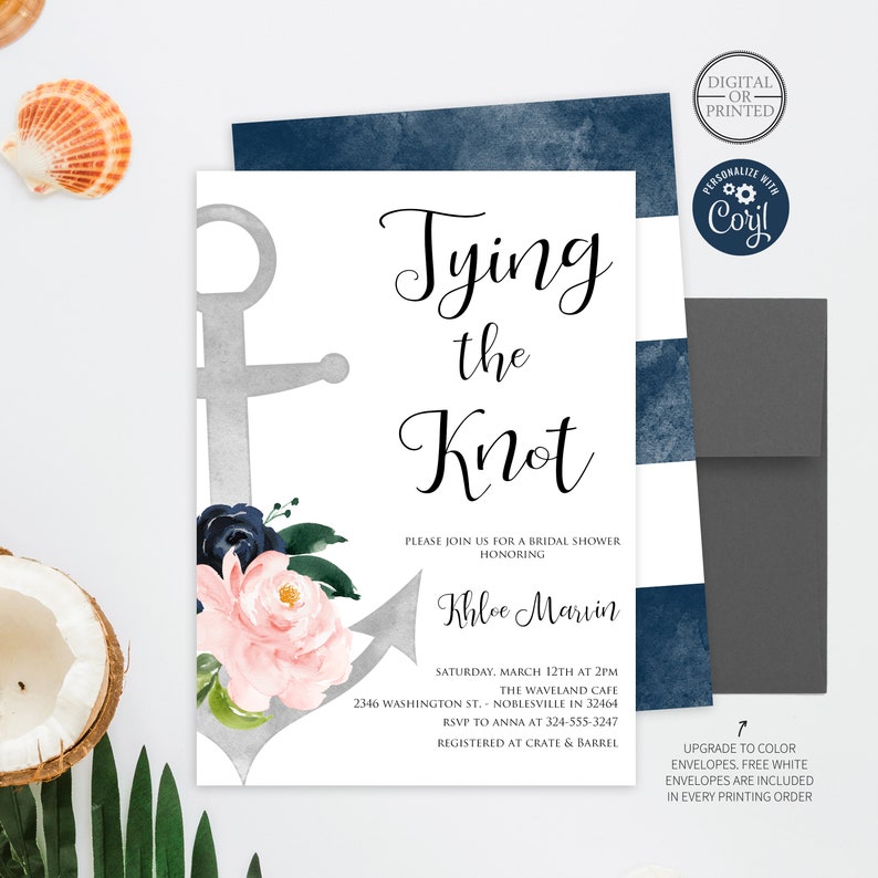 Nautical Bridal Shower Invitation | Floral Anchor Bridal Invitation | Tying the Knot | Navy and Blush | Printed or Digital image 1