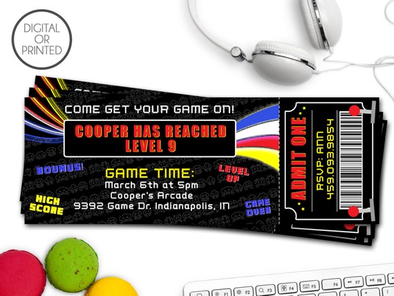 Arcade Invitation | Arcade Birthday Invitations | Game Birthday Invitation | Retro Arcade | Arcade Ticket | Printed or Digital Il_570xn