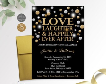 Elegant Engagement Party Invitation, Love Laughter and Happily Ever After Bridal Shower, Silver Gold Confetti, Instant Digital or Printed
