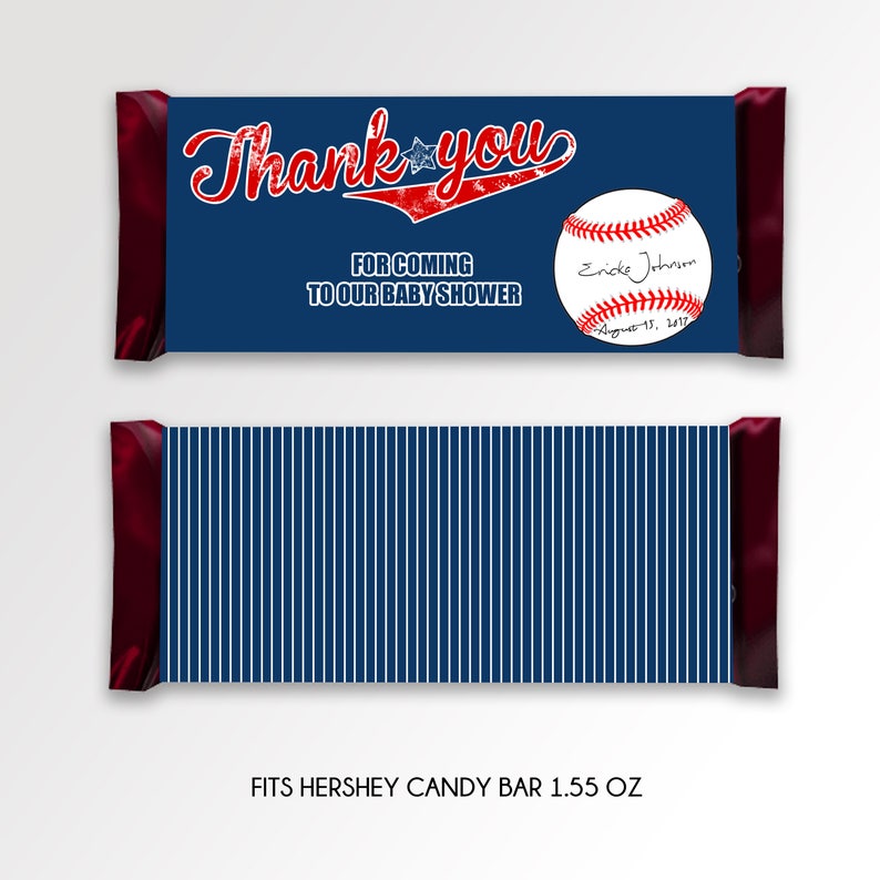 May include: A blue and red baseball-themed candy bar wrapper with the text "Thank you" and "For coming to our baby shower". The wrapper also features a baseball with the text "Ericke Johnim" and "August 15, 2017". The wrapper fits a 1.55 oz Hershey candy bar.