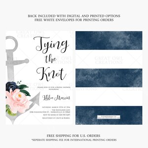 Nautical Bridal Shower Invitation | Floral Anchor Bridal Invitation | Tying the Knot | Navy and Blush | Printed or Digital image 2