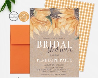 Sunflower Bridal Shower Invitation | Country Bridal Shower Invite | Rustic Fall Bridal Shower Invitation | Printed or Digital